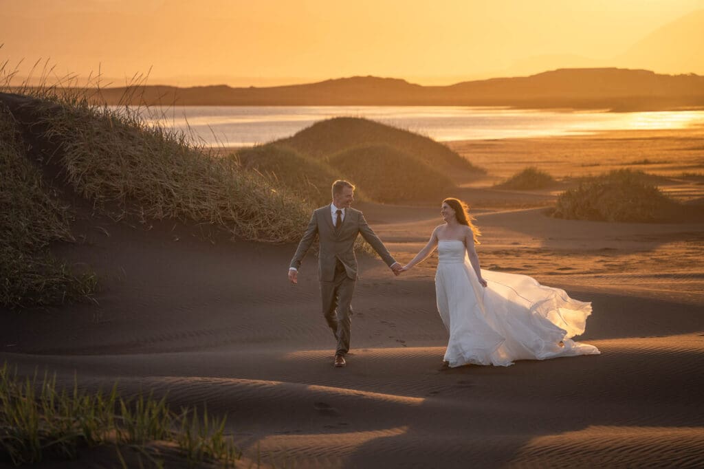 Elopement in golden light at Stokksnes in Iceland
