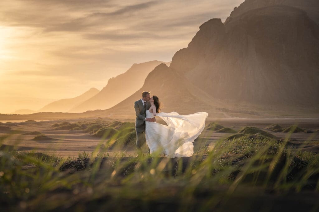 Elopement at golden hour at Vestrahorn in Iceland