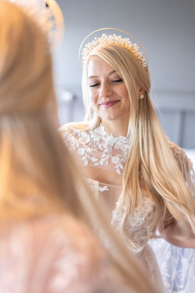 Bridal portrait in front of a mirror